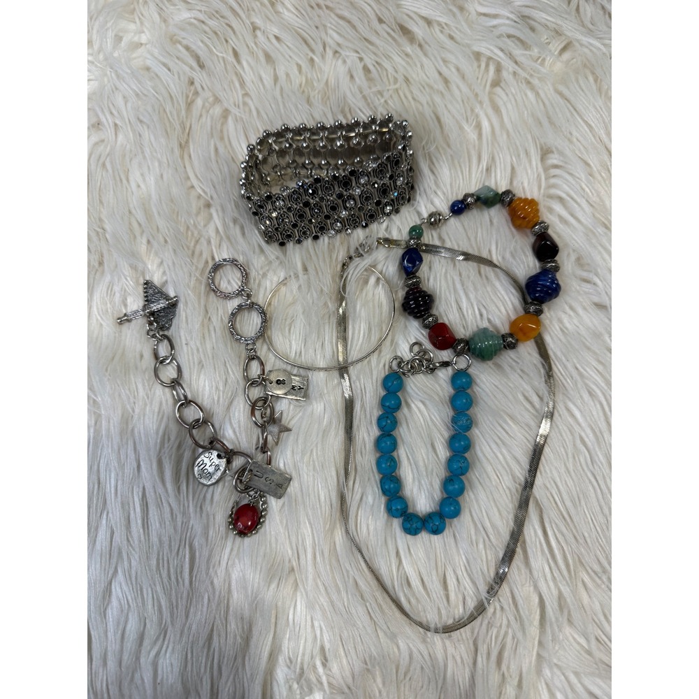 Jewelry Lot Silver Tone Stretch Beaded Charm Bracelet Herringbone Necklace Set